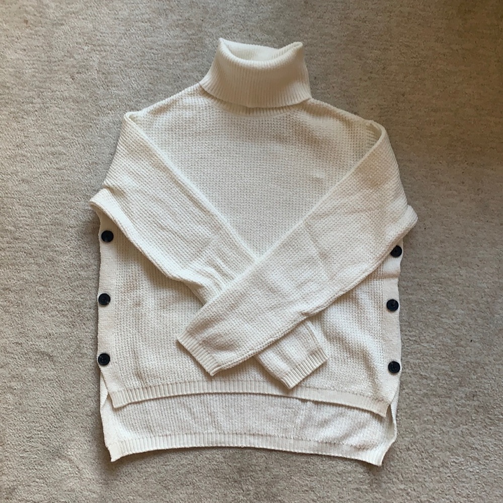 Cream Waffle Turtleneck Button Detail Sweater